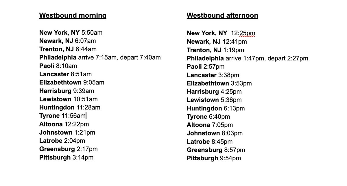 RyanDeto's tweet photo. NEW: Amtrak announces second daily train schedule between PGH-Pilly-NYC. Service will start Nov. 18. Here are the schedules, by departure times. Philly has both arrival and departure since they change engines there and there is always a delay. https://t.co/aFnsB6IlEn