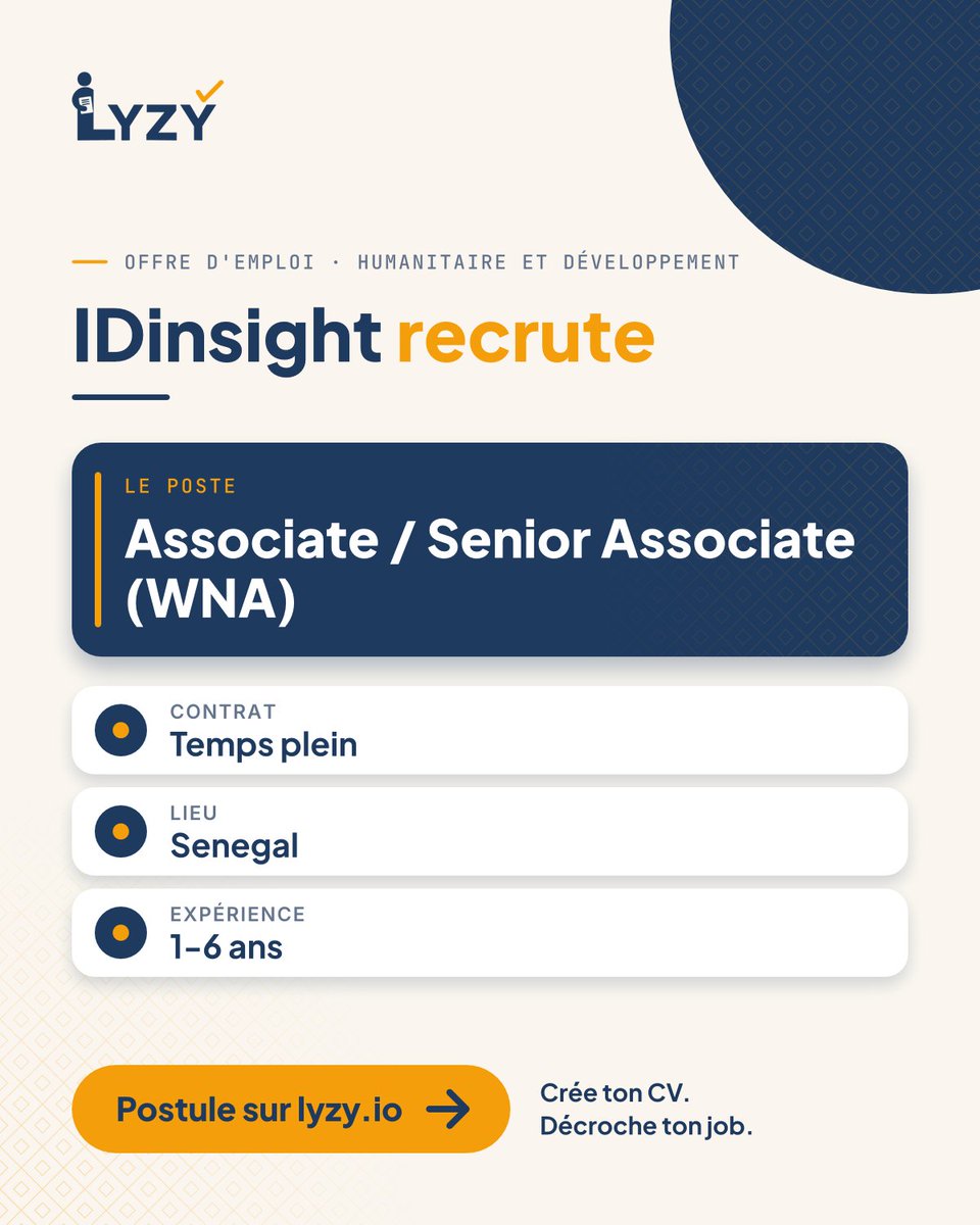 Lyzy_io's tweet photo. IDinsight recrute un Associate et un Senior Associate pour l'Afrique de l'Ouest, au Sénégal. Temps plein.
https://t.co/zun3x8WYZh #Emploi https://t.co/Vtc0vaGtXw