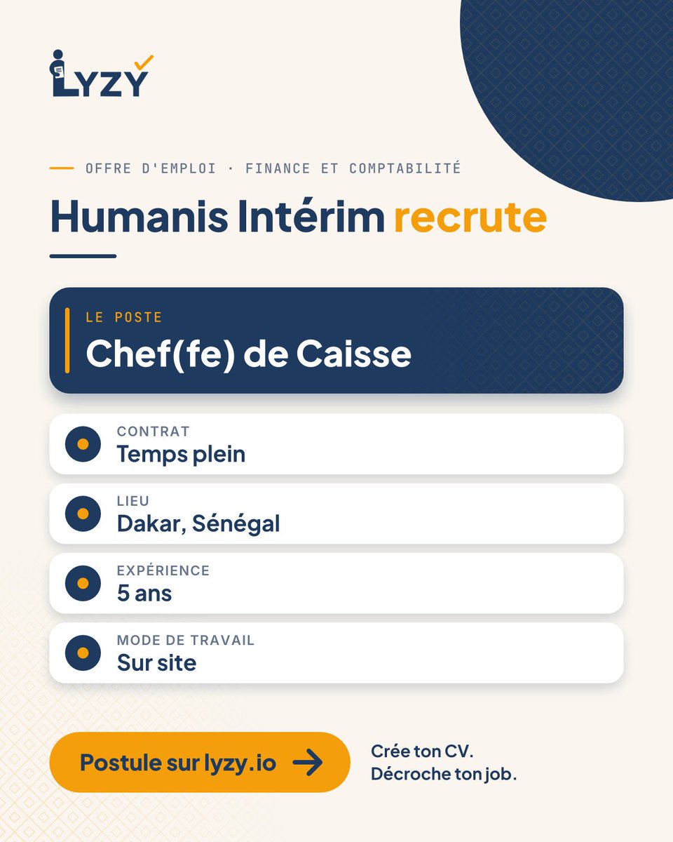 Lyzy_io's tweet photo. Humanis Intérim recrute un chef ou une cheffe de caisse à Dakar. Temps plein, sur site.
https://t.co/xVEBaDJBsI #Emploi https://t.co/8DjE7wgXQr