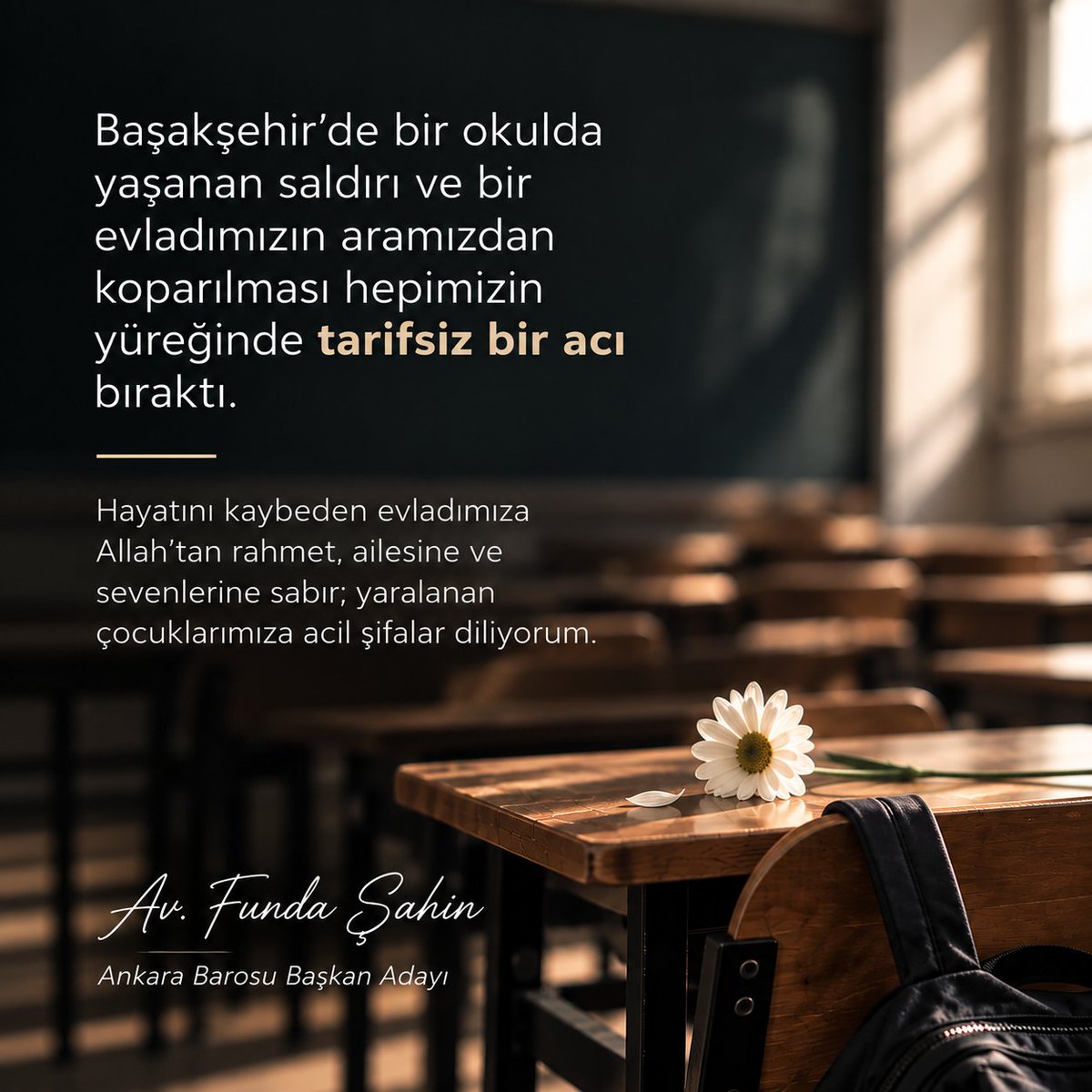 avfundasahin's tweet photo. Başakşehir’de bir okulda yaşanan saldırı ve bir evladımızın aramızdan koparılması hepimizin yüreğinde tarifsiz bir acı bıraktı.

Çocukların korkuyla değil, umutla büyümesi; okulların şiddetin değil, güvenin adresi olması gerekir. Çocuklarımızı korumak hepimizin ortak ve ertelenemez sorumluluğudur.

Hayatını kaybeden evladımıza Allah’tan rahmet, ailesine ve sevenlerine sabır; yaralanan çocuklarımıza acil şifalar diliyorum.