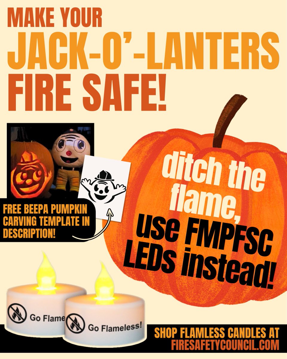 FMPFSC's tweet photo. Help keep your community fire safe this Halloween! Stock up on flameless candles to share with residents at open houses, community events, school visits and fire prevention activities.

Grab your FREE Beepa pumpkin template for some extra Halloween fun🎃https://t.co/8hyF49y0xr https://t.co/vVA6XuCS9T