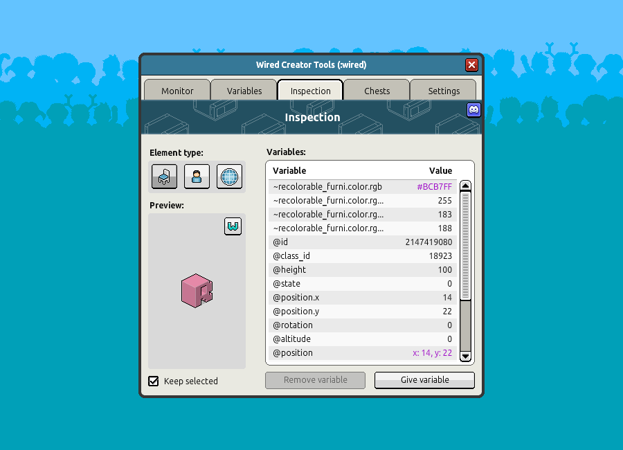 Habbo's tweet photo. also: use Wired Variables to recolour the block to another colour from the BC furni's palette 📡 https://t.co/3BAPIcUTCf