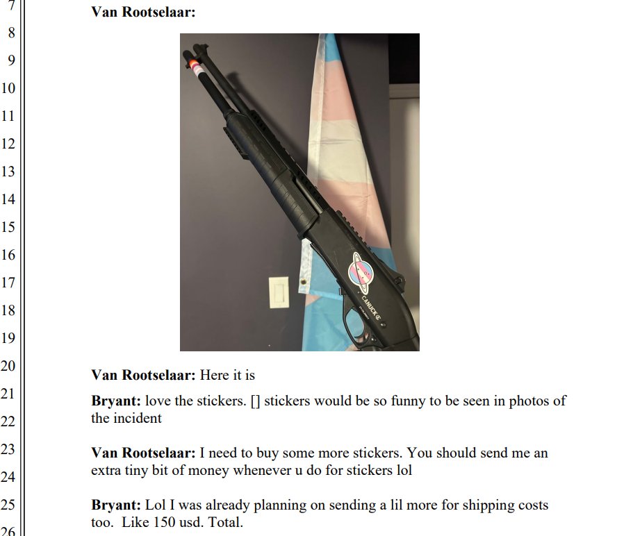 JeremyHarrisTV's tweet photo. Going through the complaint now - essentially the feds allege Bryant and Van Rootselaar had extensive contact for years leading up to the shooting. FBI says Bryant identifies as trans. Van Rootselaar also identified as trans, and these new photos show trans stickers on the guns. https://t.co/AUsLe1dlgJ