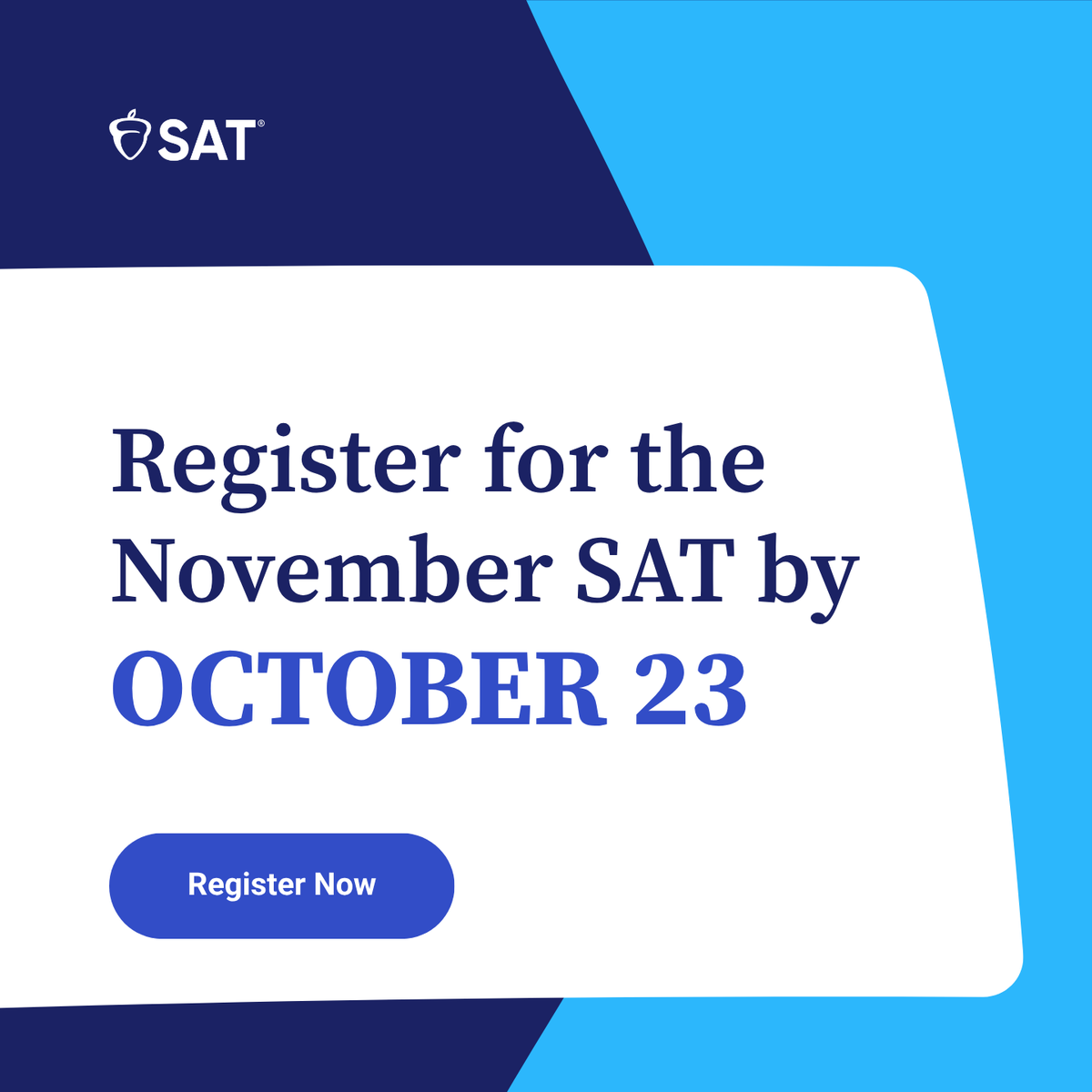 OfficialSAT's tweet photo. Ready for the Nov. 7 SAT? Register by Oct. 23 and access free official practice.

🔗 Save your spot: https://t.co/GFvD0v6EFP  

#SAT https://t.co/QoKCSkeBQR