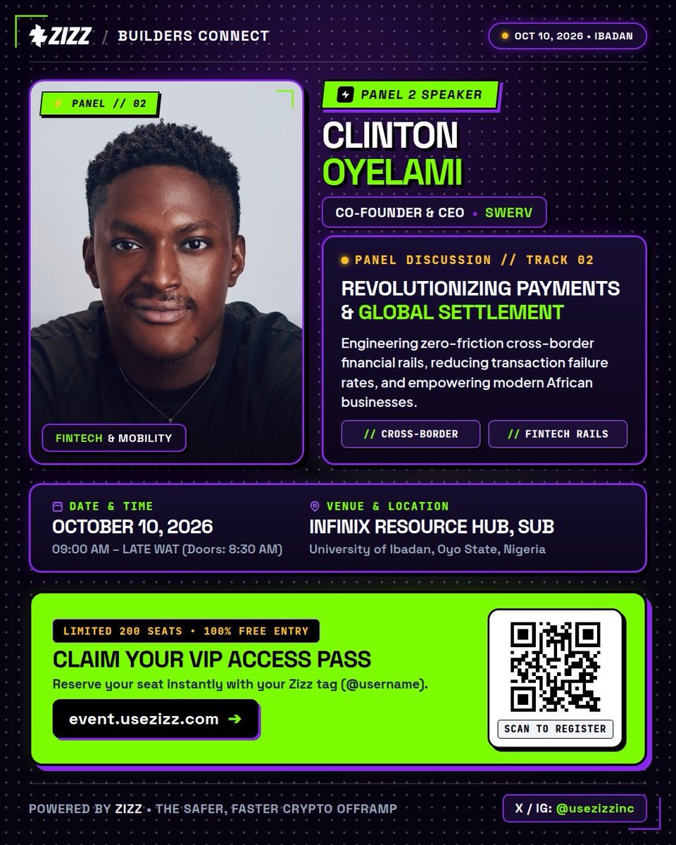 usezizz's tweet photo. Meet Clinton Oyelami, Co-Founder &amp; CEO of Swerv. ⚡️

He’s joining Builders Connect to discuss revolutionizing payments &amp; global settlement and the future of cross-border fintech in Africa.

📅 Oct 10 | 📍Ibadan
🎟 Free entry: https://t.co/bOO9Cnmws1 @stet_x https://t.co/5iVwcWjbWG
