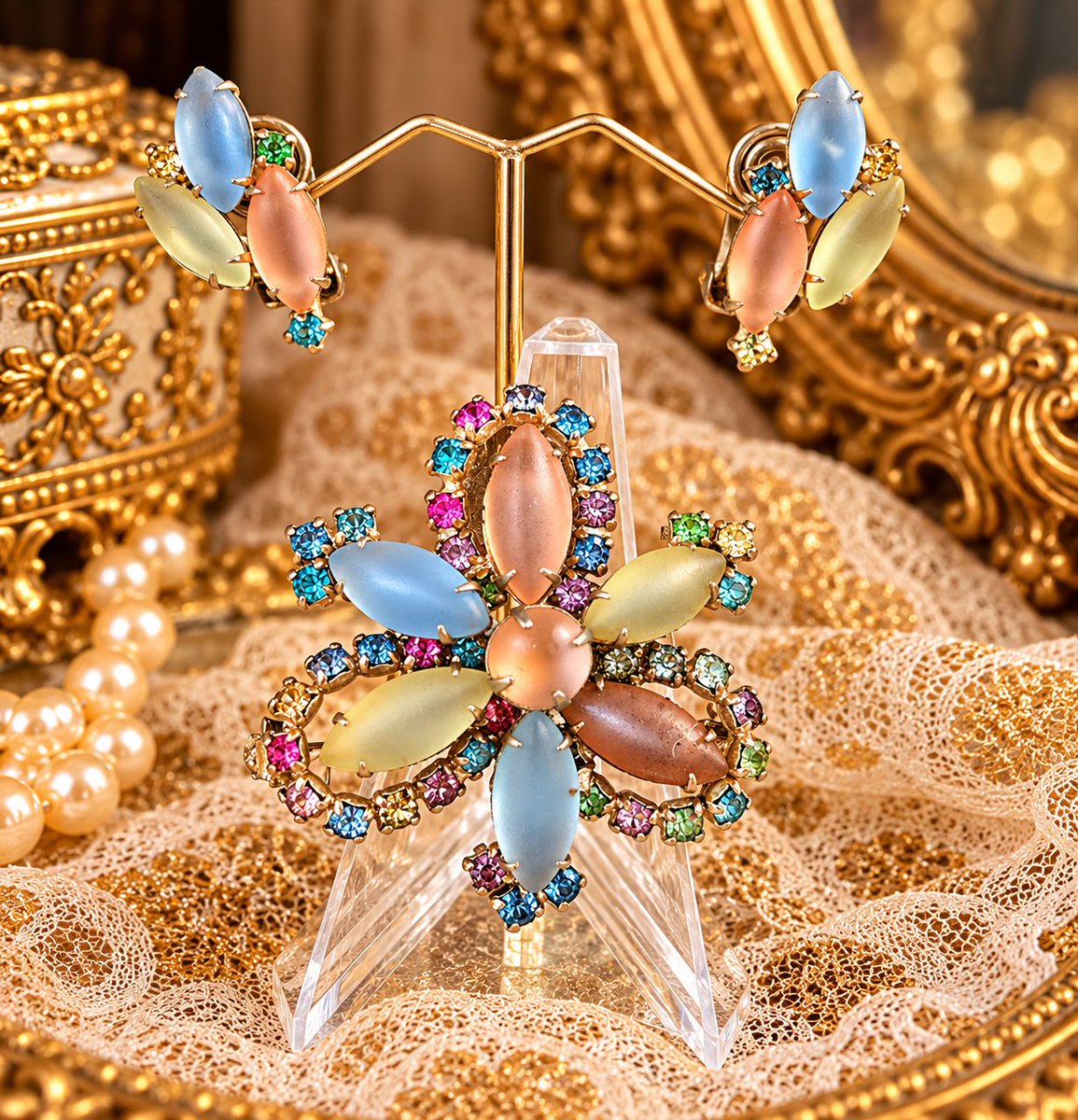 VintageYouSay's tweet photo. #VintageJewelry #VintageBrooch #ClipOnEarrings #VintageJewelrySet #BroochEarringSet #CatEyeJewelry #PastelJewelry #RhinestoneJewelry Vtg Pastel Cat Eye Rhinestone Brooch & Clip-On Earrings Set Multicolor Gold Tone https://t.co/Im67jtkrwN #eBay via @eBay https://t.co/7QKj68bTQq