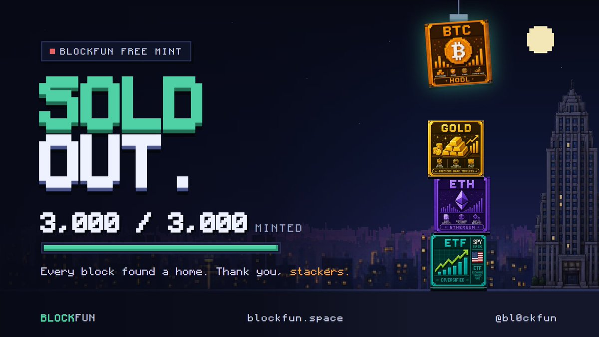 bl0ckfun's tweet photo. SOLD OUT 🧱

All 3,000 BlockFun NFTs found a home. Thank you to every single stacker who minted.

This is just the first block. The game is live at https://t.co/3YnHNiCQDW, and the token launch on pons is next.

Secondary: https://t.co/WtZB0lIAkJ https://t.co/CnrPf1hxfr