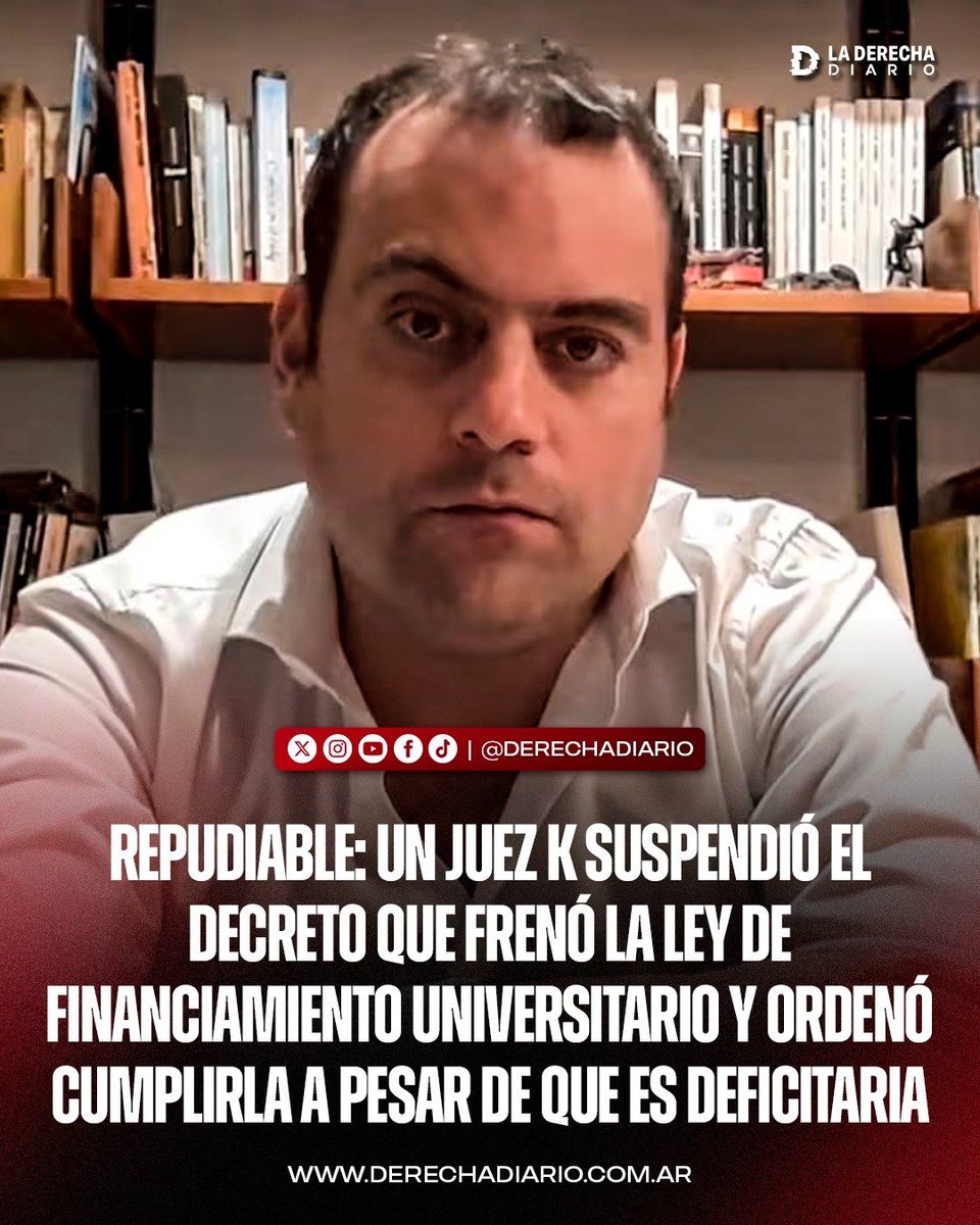 laderechadiario's tweet photo. 🚨🇦🇷 | REPUDIABLE: UN JUEZ ORDENÓ AL GOBIERNO CUMPLIR DE INMEDIATO LA LEY DE FINANCIAMIENTO UNIVERSITARIO A PESAR DE SER DEFICITARIA

El Gobierno había suspendido la ejecución de la ley amparándose en el artículo 5° de la Ley 24.629, que establece que toda norma que genere nuevos gastos debe indicar expresamente de dónde saldrán los fondos y que, si no lo hace, su aplicación queda suspendida hasta que las partidas sean incorporadas al Presupuesto. La Casa Rosada sostiene que el proyecto universitario no cumplió con esa obligación y pretende imponer nuevos gastos sin una fuente concreta de financiamiento.

Sin embargo, el juez Martín Cormick declaró inconstitucional esa condición y ordenó al Ejecutivo aplicar inmediatamente la ley y garantizar los fondos para salarios, funcionamiento y becas. El Gobierno considera que el fallo obliga a ejecutar gasto sin respaldo presupuestario y avanzará con la apelación.