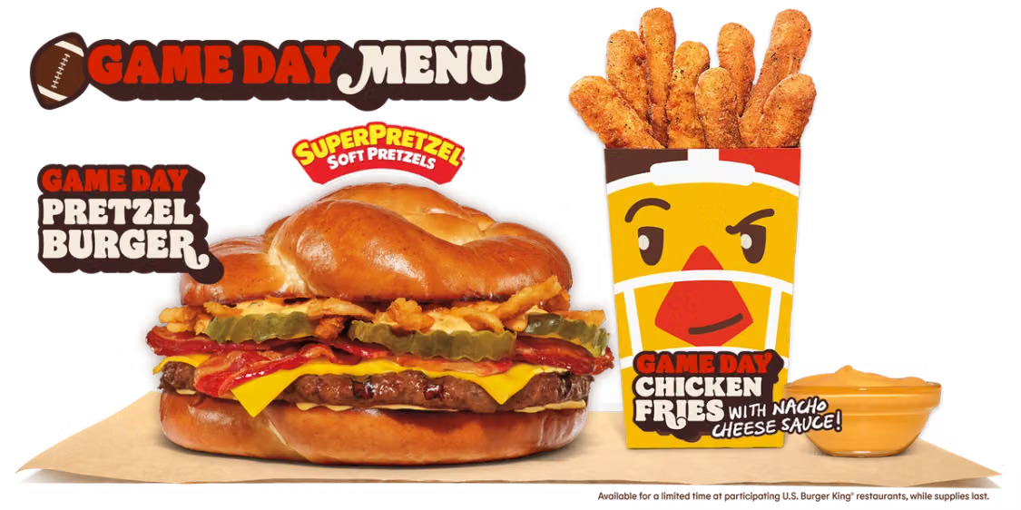 gpshospitality's tweet photo. 🏈 Game day just got tastier! The new Burger King Game Day Menu is here. Grab the Game Day Chicken Fries with Nacho Cheese Sauce or the Game Day Pretzel Burger and get ready for kickoff. 🍔 Stop by today to make your game day a winner! #GameDayMenu #FootballSeason #HaveItYourWay https://t.co/NalV8Corjq