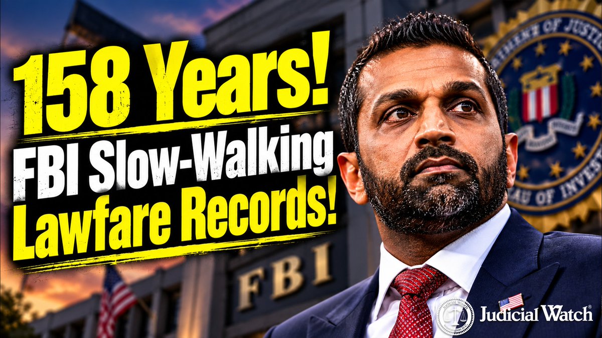 The image is a Judicial Watch graphic featuring FBI Director Kash Patel in front of FBI headquarters, with bold yellow and white text reading "158 Years! FBI Slow-Walking Lawfare Records!" The graphic visually supports Tom Fitton's post criticizing the FBI's delayed release of records related to what Judicial Watch characterizes as "lawfare," with the Judicial Watch logo displayed in the bottom right corner.