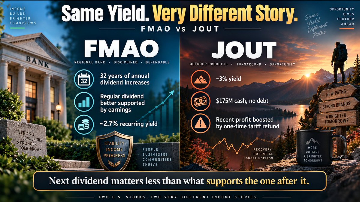 NotInYourFeed's tweet photo. Two US stocks are about to pay investors roughly 0.7% of their current share price in cash.

For investors outside America, however, the interesting question is not whether you can collect the next dividend.

It is what you are buying to get it.

FMAO and JOUT both go ex-dividend on October 9. At recent prices, 100 shares would cost roughly $3,560 for FMAO or $4,440 for JOUT and produce the next gross dividend of $25 or $33 respectively. Investors generally need to own the shares before the October 9 ex-dividend date to receive those payments.

But that is not free money. A stock can adjust lower when it goes ex-dividend, and foreign investors may also lose part of the payment to US withholding tax.

The more useful comparison is what supports the income afterward.

FMAO is the steadier case.

Its regular quarterly dividend actually rose from $0.23 to $0.24. The extra cent in this October's $0.25 payment is a one-time special dividend. More importantly, the bank says this is its 32nd consecutive year of increasing its annual dividend. It also reported a record $11.8 million second-quarter profit and its 93rd consecutive profitable quarter.

At around $35.6, the recurring $0.96 annual dividend works out to only about a 2.7% yield. So this is less a high-yield bet than a dividend-quality story.

JOUT is the more speculative one.

Its $1.32 annual dividend gives investors close to a 3% yield. The company also had about $175 million in cash and no debt at the end of its latest quarter, giving it a substantial cushion.

But its recent earnings recovery deserves skepticism.

JOUT earned $1.42 per share in its latest quarter, yet roughly $15 million of tariff refunds helped lift the result. That benefit is not something investors can simply assume will repeat.

So these are really two different bets.

FMAO asks: is a roughly 2.7% yield worth accepting for stronger evidence that the dividend can keep growing?

JOUT asks: is roughly 3% enough to pay you while you wait to see whether the business can recover without one-off help?

For an international investor, that is far more important than simply beating the October 8 cutoff.

Source: 3 High-Yield Dividends Paying Soon. But Your Deadline to Buy Is Days Away - AOL
https://t.co/XHlZgEhDof