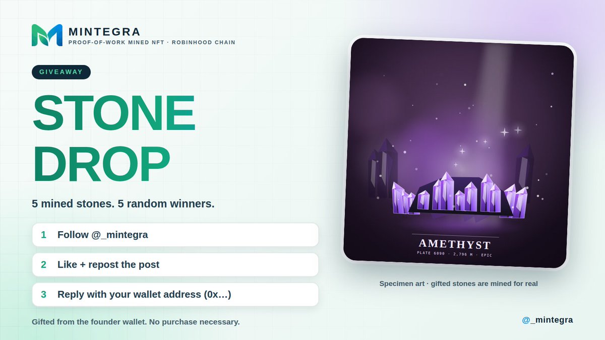 _mintegra's tweet photo. 🎁 STONE DROP
5 Mintegra stones. 5 random winners.

To enter:
1️⃣ Follow @_mintegra
2️⃣ Like + repost this post
3️⃣ Reply with your Robinhood Chain wallet address (0x…). Public address only.

Winners are drawn at random within 72 hours and announced here. Stones are mined and gifted from the founder wallet. No purchase necessary.

🔒 Never share a seed phrase. We never DM first.