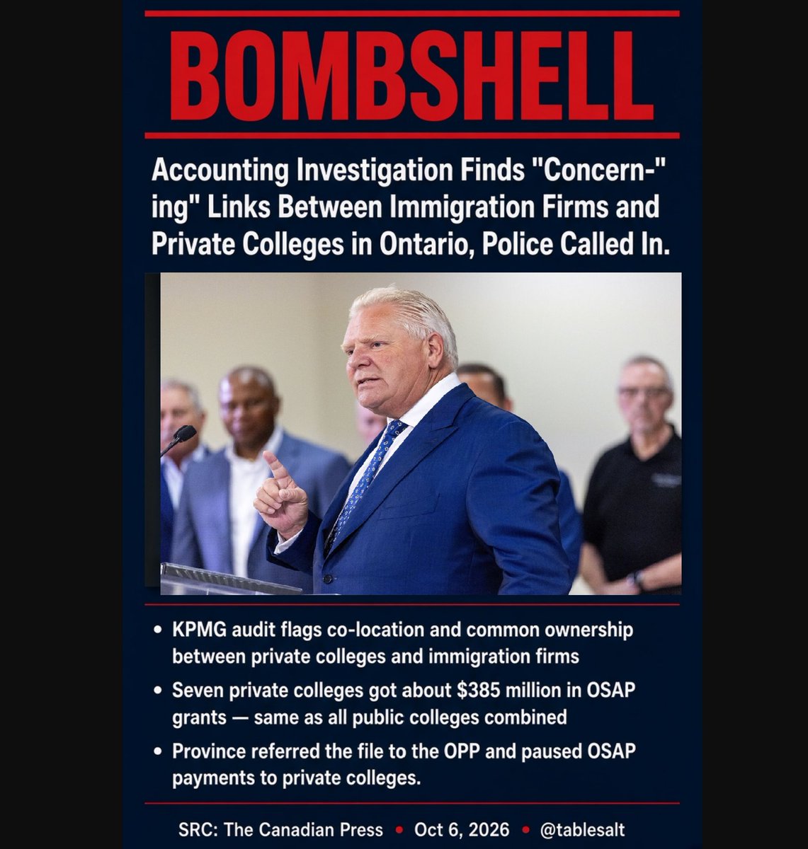 Tablesalt13's tweet photo. ‼️Bombshell in Ontario --Could be CANADA'S LEARING CENTER .... a small-scale accounting audit gets halted after finding "concerning information".... POLICE NOW CALLED IN. 

KPMG’s preliminary review flagged co-location, common ownership, weak student checks, and clusters of OSAP applications from the same places.

JUST SEVEN private colleges pulled about $385 million in grants. That is the same pot as EVERY public college in the province combined.

Queen’s Park has paused OSAP to private colleges, notified the auditor general, and handed the file to the OPP.

We ALL KNEW this was happening, and the proof is about to come..... we need this dealt with severely, our immigration system needs to be respected. 

 Its the Learning Institute of Canada!