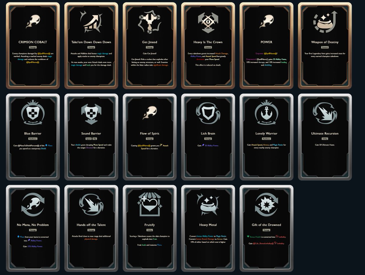 SkinSpotlights's tweet photo. New ARAM Mayhem Augments, tool output might be slightly incomplete here and there. https://t.co/CX8wcF3B38