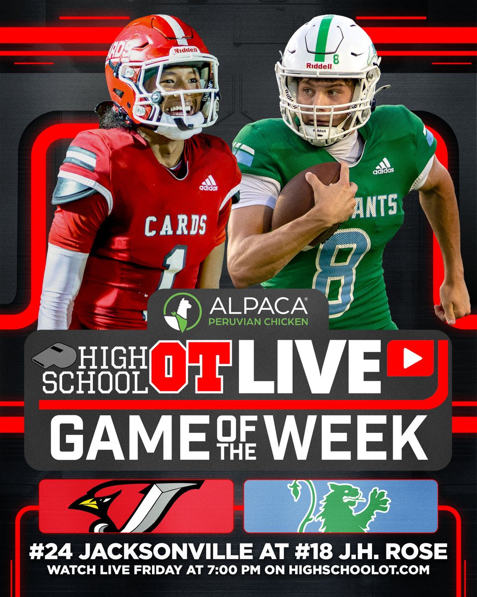 HighSchoolOT's tweet photo. The Week 8 Alpaca Chicken Game of the Week features a pair of top contenders in the 6A East, both looking to create some separation as they near the end of the regular season.

The No. 24 team in the HighSchoolOT Statewide Top 25, Jacksonville, will travel to play undefeated No. 18 J.H. Rose. The matchup should have major implications for the Big Carolina 6A/7A Conference title. The Cardinals are the defending league champions.

Alpaca Peruvian Chicken is the presenting sponsor of this year's live broadcast. Contact your local Alpaca for your catering needs. 

Fans can download the Alpaca app and make an account today to receive a dessert. The broadcast will begin at 7:00 p.m. on Friday, October 9, with J. Mike Blake and Laieke Abebe on the call. You can find it on HighSchoolOT, YouTube, X, and Facebook.

A season ago, the Rampants lost at Jacksonville, 35-21, on Oct. 10, 2025. The Cardinals went on to blaze all the way to the 6A East Regional Final before dropping to Middle Creek; it was their first and only loss of the 2025 season.

More on this upcoming matchup on HighSchoolOT: