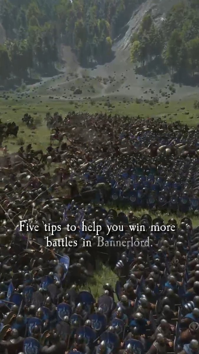 A massive medieval battle unfolds on a grassy plain in Mount & Blade II: Bannerlord, with two armies clashing amid a backdrop of forested hills. Text overlays the scene reading, "Five tips to help you win more battles in Bannerlord," matching the post's theme of tactical warfare advice.