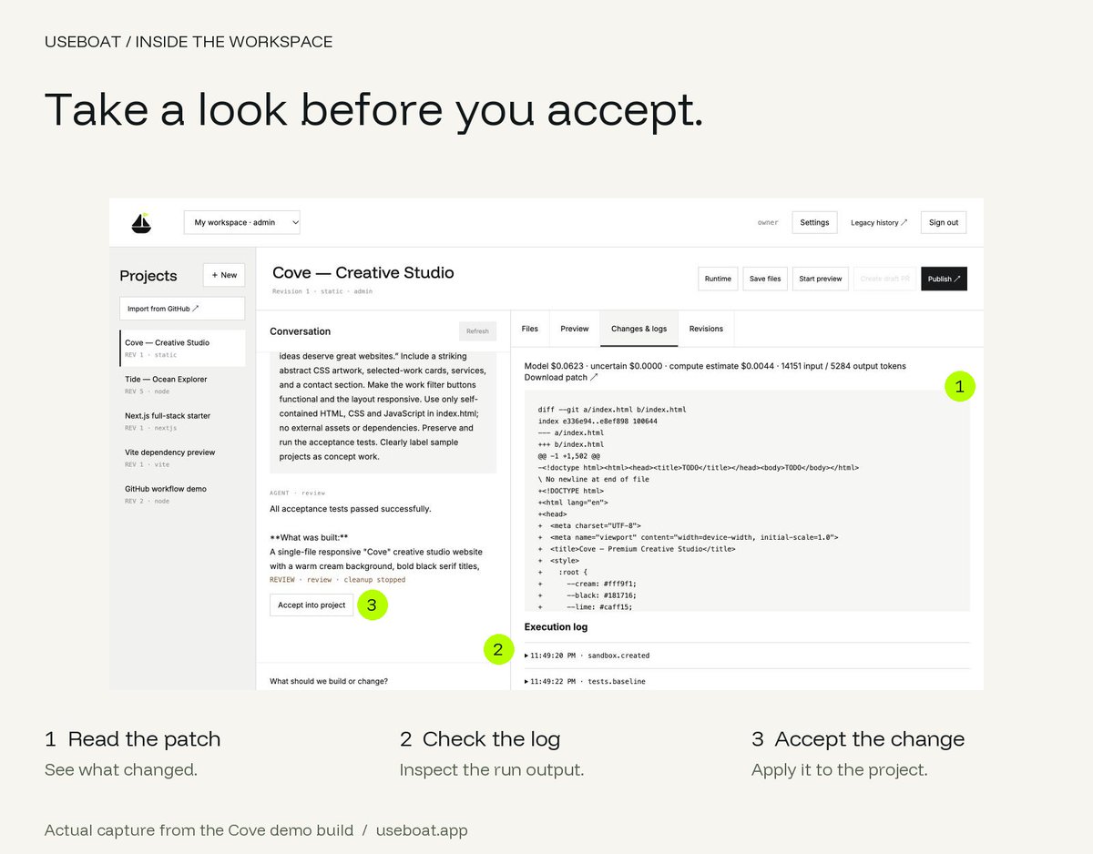 UseBoatApp's tweet photo. This is the part worth slowing down for.

In the Cove demo, we could read the patch and inspect the execution log before accepting the change into the project.

A look inside that review step in UseBoat.
https://t.co/Nn2UmCF1Yv https://t.co/8MiZgwS9GL