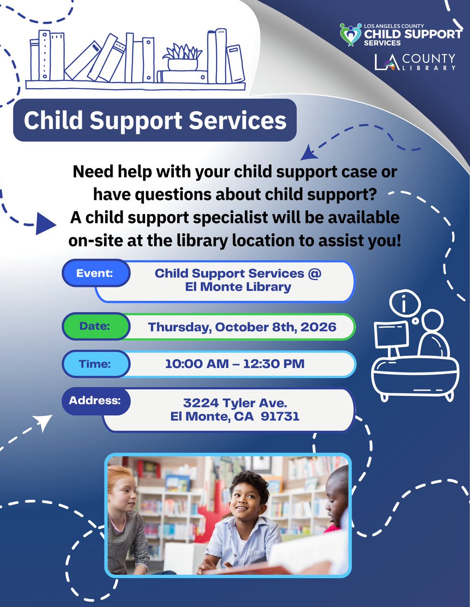 CSSDLA's tweet photo. ❓ Need help with child support? Meet us at @LACountyLibrary's #ElMonte Library on Thursday, October 8th, from 10 AM–12:30 PM. A dedicated @cssdla child support specialist will be there to assist you &amp; provide full service on your case. We’re here to support you! 💜#childsupport https://t.co/1ErA4CmaB9