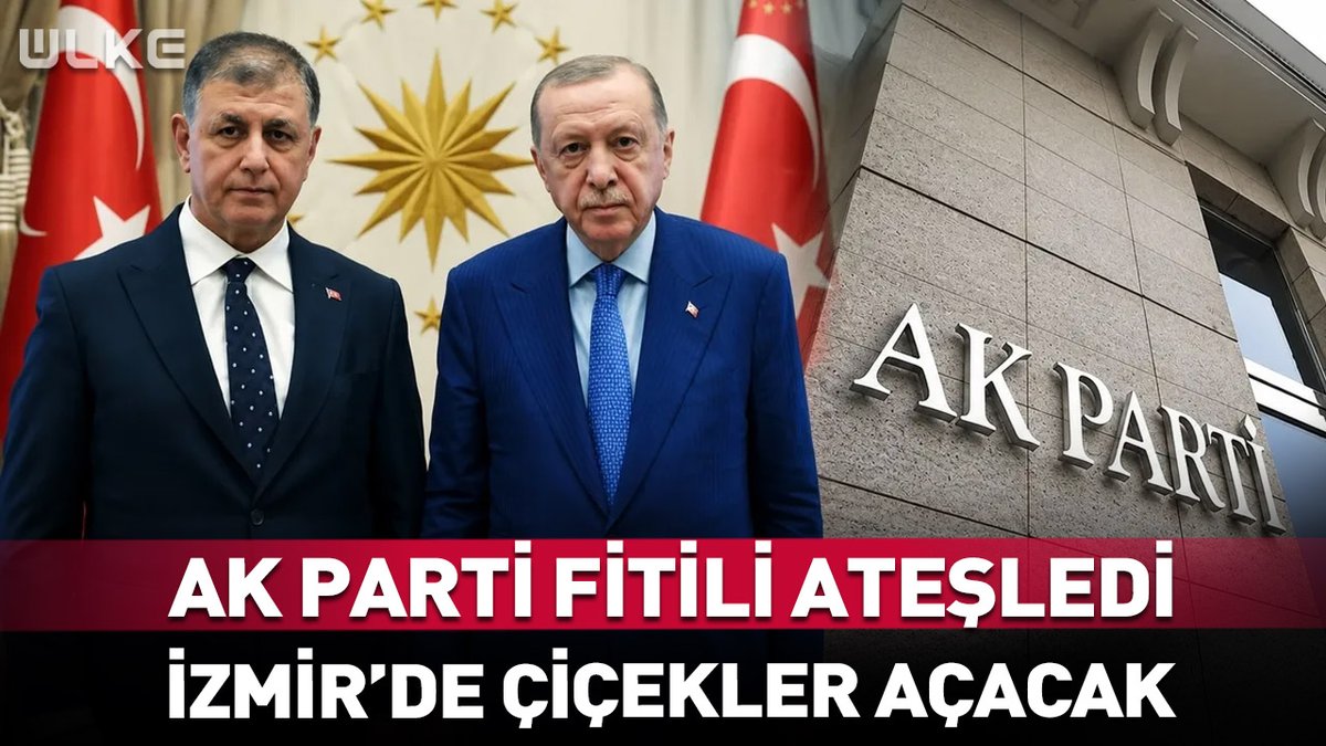 The image features two men in formal suits standing before Turkish flags, with the AK Parti headquarters building shown on the right, accompanied by the headline "AK PARTİ FİTİLİ ATEŞLEDİ - İZMİR'DE ÇİÇEKLER AÇACAK" which translates to "AK Party lit the fuse - flowers will bloom in İzmir." The image visually reinforces the post's message about AK Party's political momentum in İzmir, pairing party imagery and the leadership with the headline's metaphorical language of political action and anticipated success.
