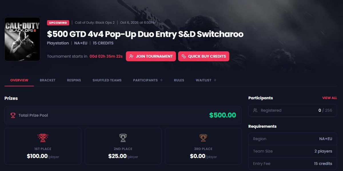 ConsoleKings's tweet photo. We're back with another Pop-Up Tournament!

Tonight at 6pm ET

$500 GTD 4v4 Duo Entry S&amp;D Switcharoo on Black Ops 2 

We will be giving away a few free entries for people who RT and tag their duo https://t.co/JcvddzYCsl