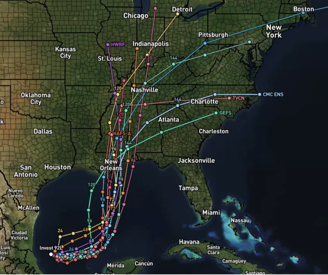 capitalweather's tweet photo. We continue to monitor the potential for rain at some point this weekend, which would come from the remnants of a tropical system expected to strengthen in the Gulf of Mexico this week.

Image shows predicted tracks of the tropical system from a variety of models. (Credit: WeatherFront)

Read more: https://t.co/Jkh5XVY9Dk
