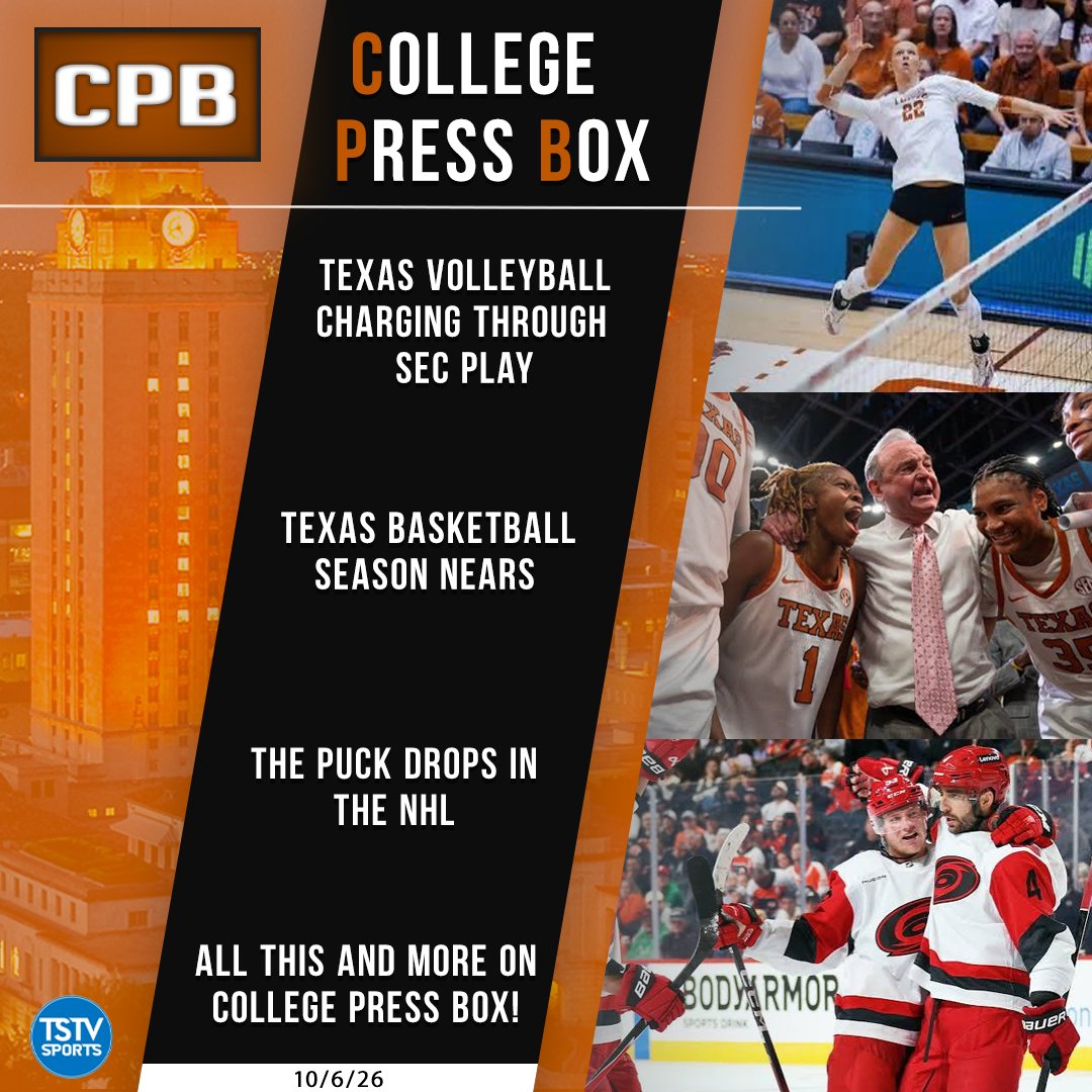 TSTVCPB's tweet photo. 🚨 College Press Box — Episode 5 🚨
🎥 Watch now 👉 https://t.co/R3XFkvcbIP

- @texasvolleyball finds its form in SEC play
- @texasmbb and @texaswbb ramp up preseason efforts
- Plus, the puck drops in the NHL season!

You don't want to miss it!
#HookEm | @TSTVSports https://t.co/CrG0bShG9R