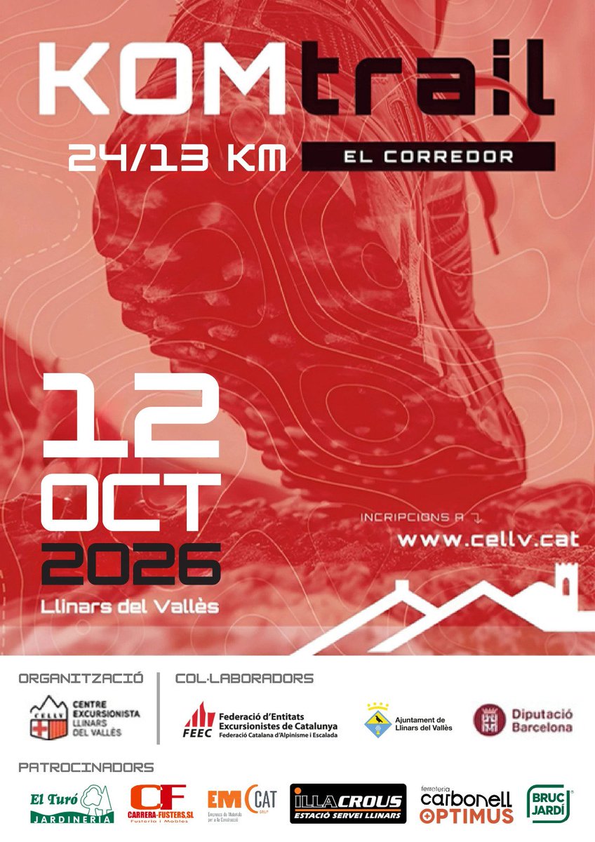 CELlinarsValles's tweet photo. 🟥⬛️La KOMTrail Corredor-10è edició.
Se celebrarà el proper 12 d'octubre.
✒️Inscripcions perllongades fins a l'11 d'octubre.
#cursesdemuntanya  #trail #KomTrail #kom21 #kom12 #curses #illacrous #ferreteriacarbonell #brucjardi #aventum #MJB_EMCat #Carrera_fusters #jardineriaturo https://t.co/Q99q8PWQtG
