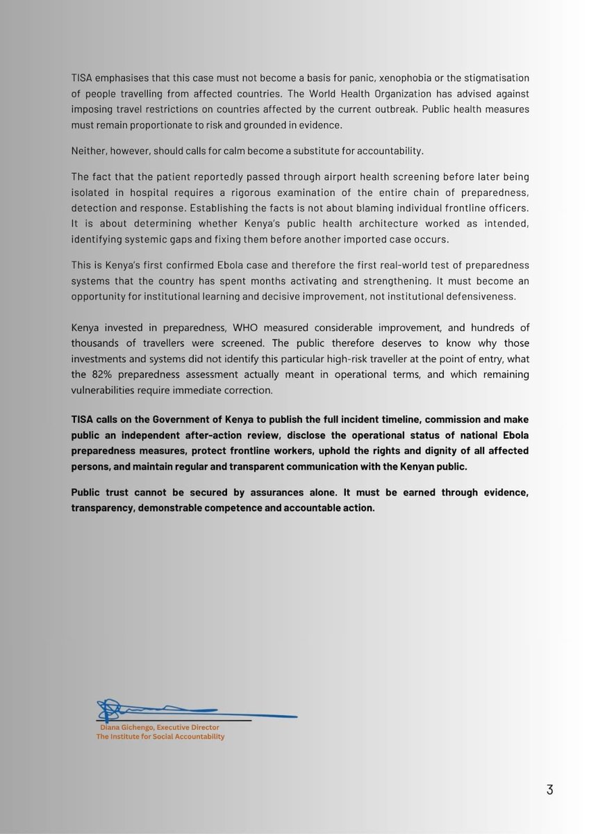 TISAKenya's tweet photo. 🚨 STATEMENT ALERT!

Kenya’s first confirmed Ebola death raises urgent questions about the country’s disease surveillance, airport screening and overall outbreak preparedness.

TISA calls on the Government of Kenya to publish the full incident timeline, commission and make public an independent after-action review, disclose the operational status of national Ebola preparedness measures, protect frontline workers, uphold the rights and dignity of all affected persons, and maintain regular, transparent communication with the Kenyan public.

📄 Read the full statement below.
🔄 Share widely.