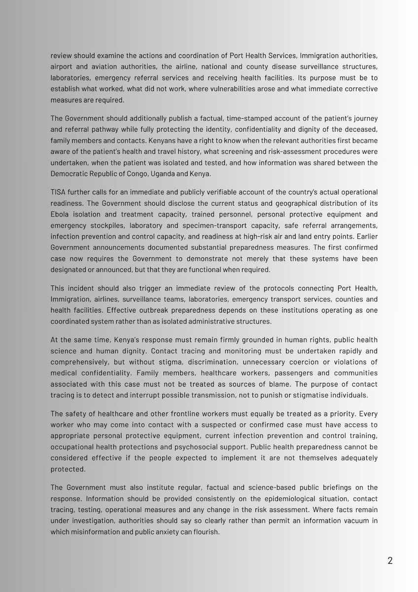 TISAKenya's tweet photo. 🚨 STATEMENT ALERT!

Kenya’s first confirmed Ebola death raises urgent questions about the country’s disease surveillance, airport screening and overall outbreak preparedness.

TISA calls on the Government of Kenya to publish the full incident timeline, commission and make public an independent after-action review, disclose the operational status of national Ebola preparedness measures, protect frontline workers, uphold the rights and dignity of all affected persons, and maintain regular, transparent communication with the Kenyan public.

📄 Read the full statement below.
🔄 Share widely.