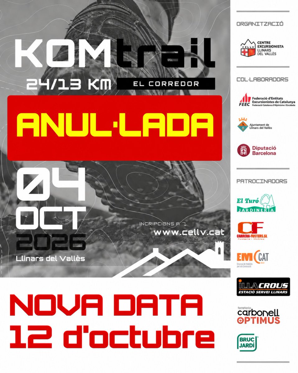 CELlinarsValles's tweet photo. @ajllinarsvalles @FEEC_cat @9hSports La 10è KOM TRAIL Corredor queda ajornada al dilluns 12 d’octubre al mateix horari.

En cas que no pugueu disputar la cursa en la nova data, podreu preservar la inscripció per a la KOM 2027. Feu-nos-ho saber, per correu electrònic. 

📧kom.cellv@gmail.com

Disculpeu les molèsties. https://t.co/2xeqUd0HMN