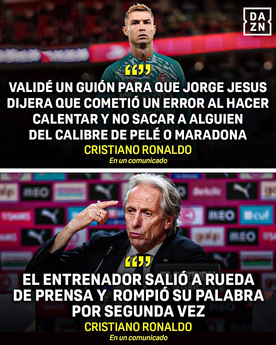DAZNFutbol's tweet photo. CRISTIANO VALIDÓ UN GUIÓN DE FRASES QUE TENÍA QUE DECIR JORGE JESÚS ✅🇵🇹

#NationsLeaguexDAZN https://t.co/Y92i9Ftu6v