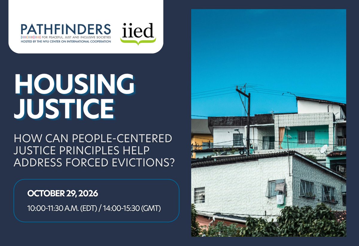 SDG16Plus's tweet photo. 🏘️ How does #PeopleCenteredJustice and #HousingJustice intersect?

📍Virtual
🗓️ 10/29
⏰ 10:00-11:30 a.m. (EDT) / 14:00-15:30 (GMT)

Join us later this month for a webinar launching a new report from @IIED + @SDG16Plus featuring a keynote presentation drawing on case studies from Brazil, the United States, and South Africa, showing how a people-centered approach can support housing justice.

⏩ Following the presentation, a panel of experts will respond to the findings of the research and discuss their implications for the field at large.

Speakers + Moderators
▪️ @FreckletonShae, Director, New York Liaison Office, @UNHABITAT
▪️ @adequatehousing, UN Special Rapporteur on the right to adequate housing
▪️ Themba Mahleka, Associate Director, Pathfinders, @nyucic
▪️ Alexandre Apsan Frediani, Principal Researcher, @IIED
▪️ @camilacocina, Senior Researcher (housing justice), @IIED
▪️ @pausevillanunez, Researcher (housing justice), @IIED
▪️ Daisy Ribeiro, Terra de Direitos, Brazil
▪️ Edward Molopi, @SERI_RightsSA
▪️ Jeronimo Pareja-Cardona, Program Officer, Pathfinders, @nyucic
▪️ Nate Edwards, Program Officer, Pathfinders, @nyucic

Register: https://t.co/nSQWLI8BR7 
More information: https://t.co/QUi38LoDPS 

#PeopleCenteredJustice #HousingJustice