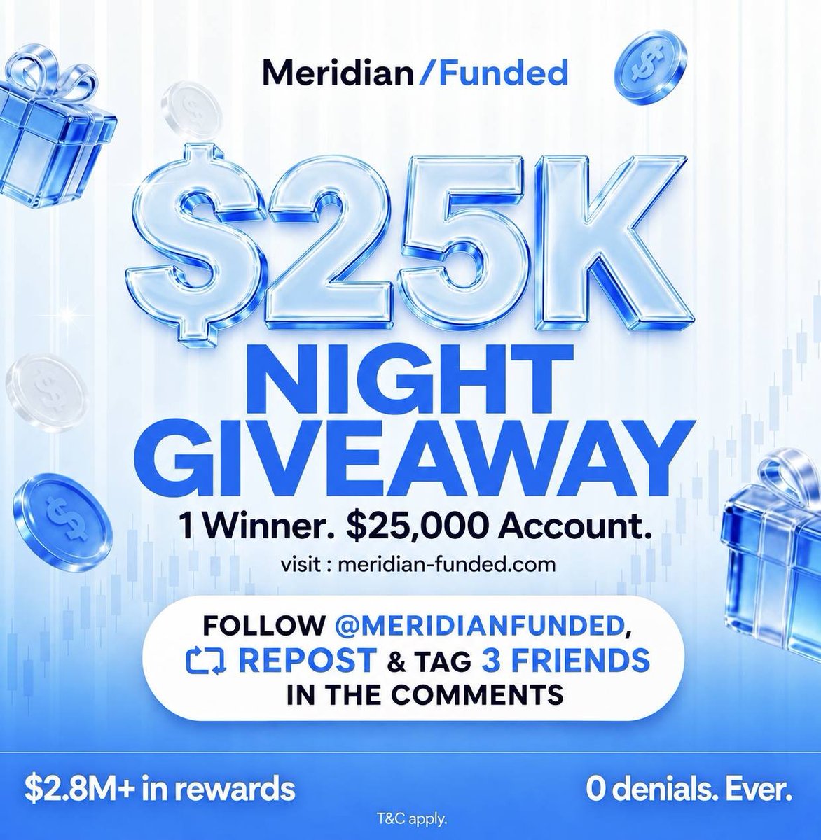 MeridianFunded's tweet photo. 🔔 $25K NIGHT GIVEAWAY! 💙

One lucky winner will receive a $25,000 Challange Account! 🎉

💠 Follow  @MeridianFunded 

💠 Like, repost &amp; tag 3 traders

💠 Join our Discord: https://t.co/VgVDW2YxR9

💠 Also Follow us on Instagram: https://t.co/nmVysxTYn7

⏰ Winners in 12hr https://t.co/vIoK9cegu1