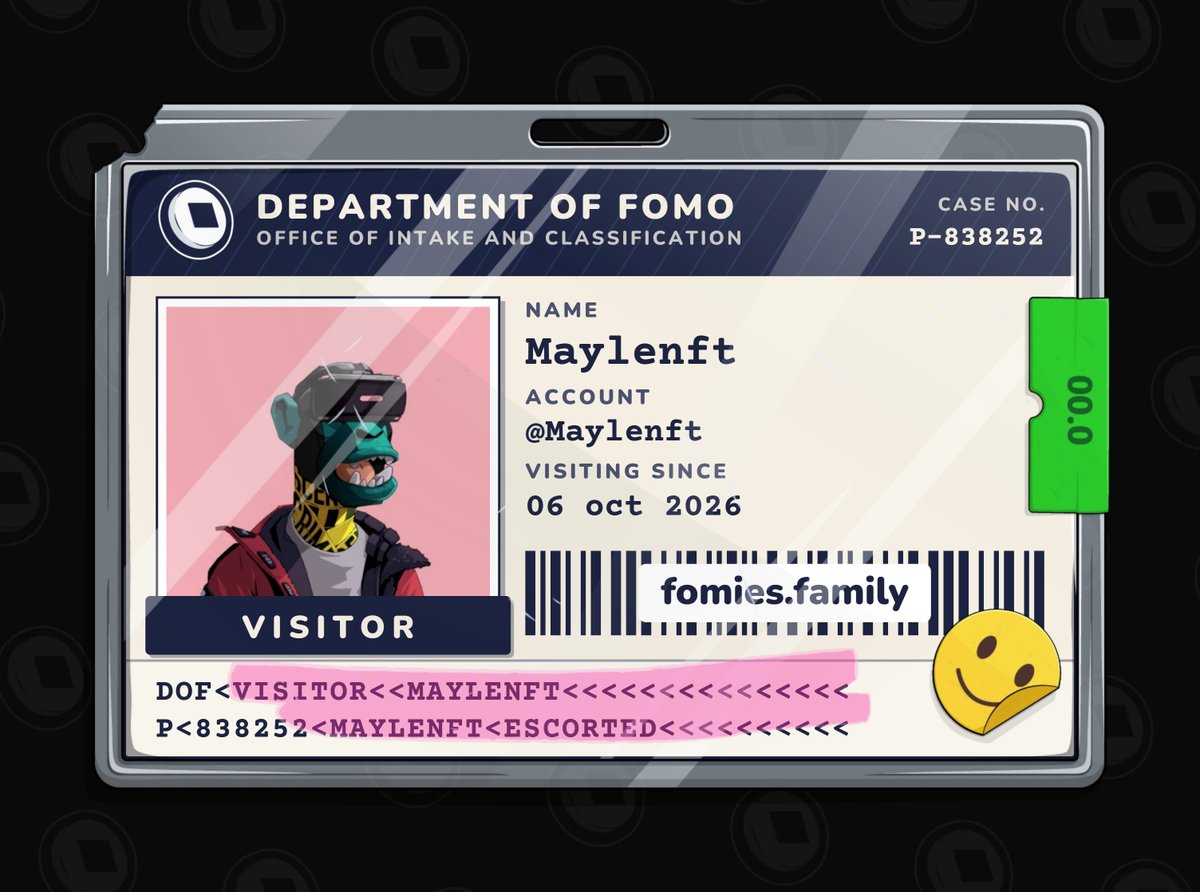 Maylenft's tweet photo. visiting the department of fomo. no case yet. must be escorted at all times. @FomiesNFT https://t.co/XqEWM3iDDF