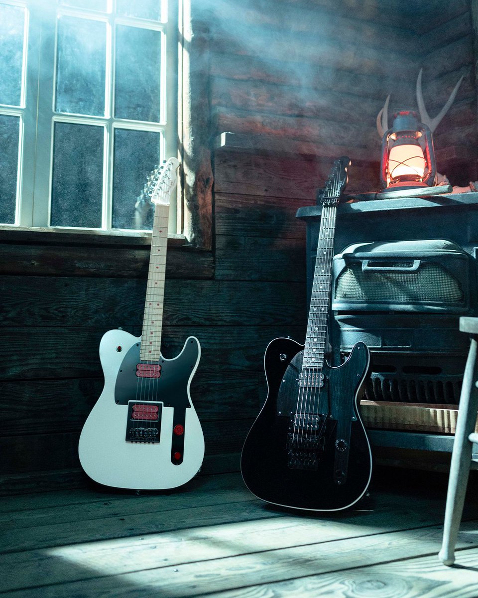 Fender's tweet photo. One legendary player. Two iconic models. Introducing the John 5 Telecaster Collection — both take a fresh, modern approach to the classic Tele look and feel. Both are equipped with DiMarzio D Activator pickups. The Ghost is finished in Arctic White while the Phantom features a striking Black finish and Floyd Rose tremolo. Perfect for everything from hard rock pyrotechnics to country picking. Learn more: https://t.co/mqVqDI7eCx