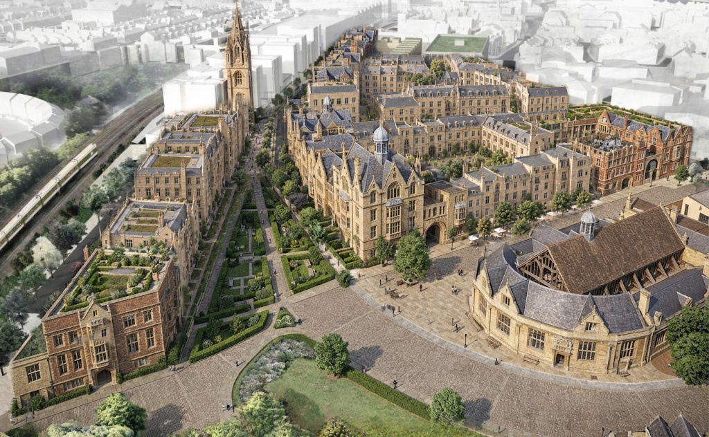 TeatherEdward's tweet photo. An extension to Oxford designed with "cues from the [existing] skyline" in mind might look something like this. One day we will build spires again. https://t.co/XPFSAgOoPd