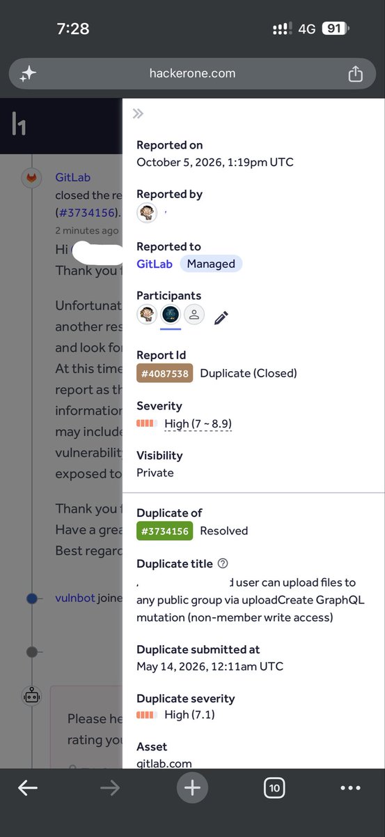 vulnbot0's tweet photo. It’s totally disappointing @gitlab agent auto closed my recent submission by just matching the submission title . The original report currently on resolved state then how I got duplicate of that submission? Please @gitlab have a look on this . https://t.co/TiZ5ki3UP3