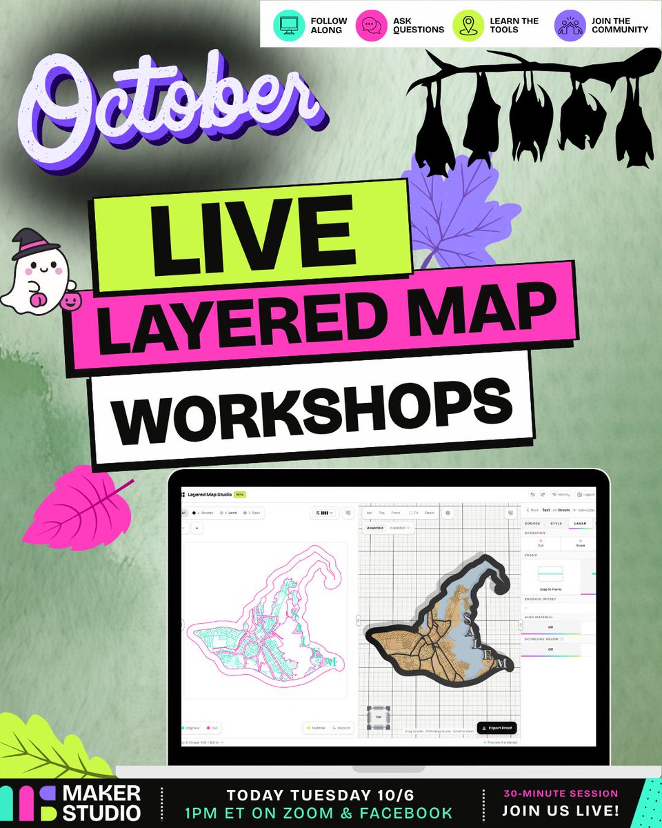 getmakerstudio's tweet photo. 🧙‍♀️ Wickedly Creative: Custom Shaped Maps

📍 Salem, Massachusetts
📅 Today, Tuesday, October 6
⏰ 1 PM ET
💻 Live on Zoom + Facebook
⏱️ 30-minute session

Zoom:
https://t.co/NhKVz9N4MT
Meeting ID: 810 3086 1830

Facebook Live:
https://t.co/q72HHHaV9C https://t.co/F22wfmtUX9