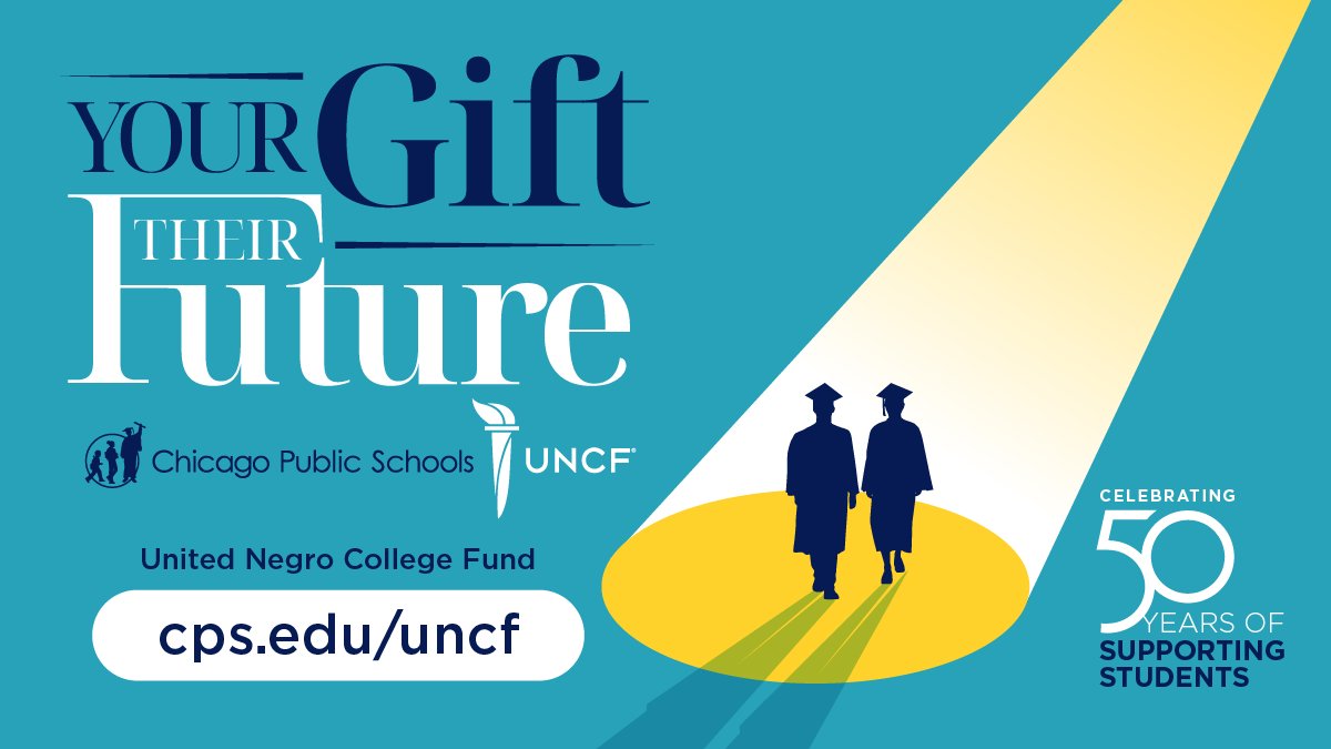 ChiPubSchools's tweet photo. UNCF is celebrating 50 years of providing scholarships, tuition assistance, and emergency funding. CPS is a proud partner of UNCF in supporting students' continued education through scholarships and more. Join the celebration by making a donation at https://t.co/xaHpjKiqWq. https://t.co/gupxP5EQil