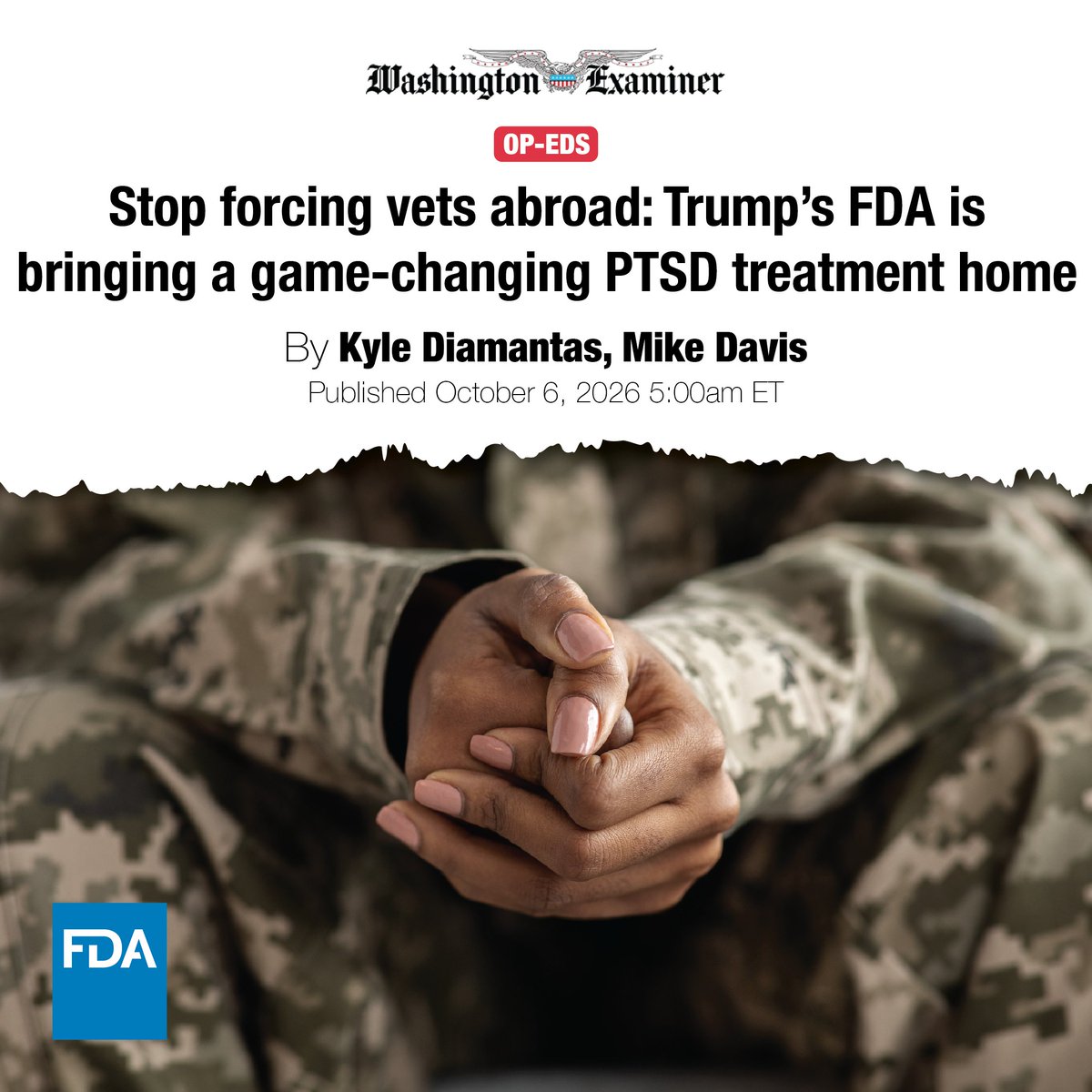 FDA's tweet photo. In an article published today, Acting FDA Commissioner Kyle Diamantas and CDER Director Mike Davis discuss an action taken by FDA and the Trump administration to ensure that America's warfighters have access to cutting-edge, lifesaving care. https://t.co/vKR9olSh0J https://t.co/RvJf8jvWst
