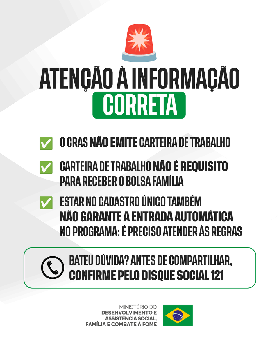 mdsgovbr's tweet photo. O #CRAS não emite carteira de trabalho e ela não é requisito para receber o #BolsaFamília.
Para entrar: renda mensal de até R$ 218 por pessoa e #CadÚnico atualizado. Quem trabalha também pode receber, se cumprir as regras. https://t.co/2quWy9C10f