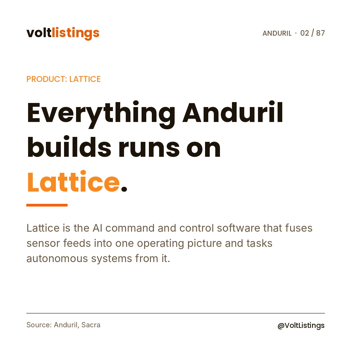 VoltListings's tweet photo. Start with the software.

Lattice is Anduril's AI command and control platform. It pulls sensor feeds into one picture and tasks drones, towers and interceptors from it.

Every other Anduril product plugs into it. https://t.co/DLNejg0O7p