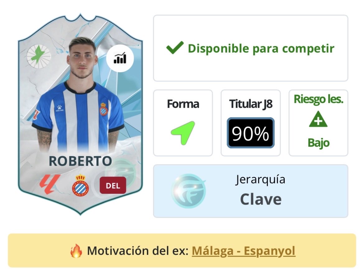 fantasyradar_'s tweet photo. 🚨 Roberto, gran compra Fantasy tras el parón.
⚽ El Espanyol visita al Málaga en un partido donde Roberto puede ser una buena opción ofensiva.
#Fantasy #LaLigaFantasy https://t.co/nCAwJBtHbD