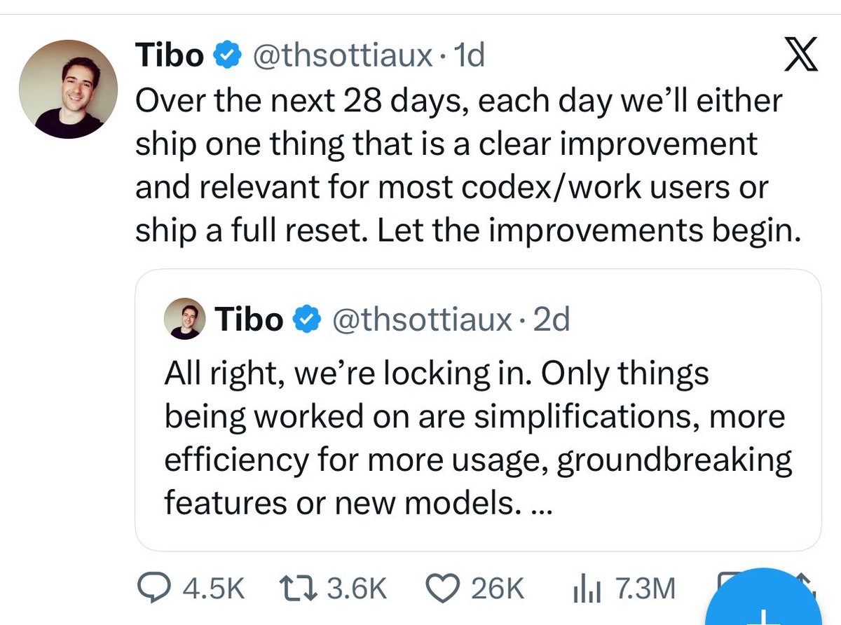 ReposedDev's tweet photo. Since it’s smaller and not a very clear improvement that is relevant to most codex users, can we get a free reset 😊? Thanks! https://t.co/Y9yRirYWKj