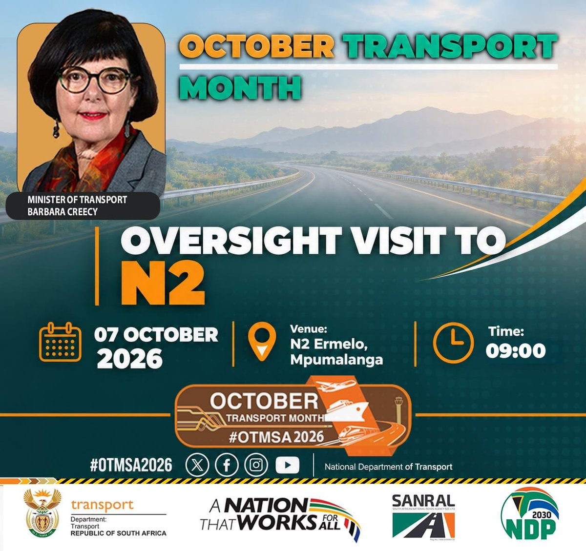 koosdebeer4's tweet photo. 📍 TOMORROW | TRANSPORT MONTH 2026 

Transport Minister Barbara Creecy will conduct an oversight visit in Ermelo, Mpumalanga, as part of #OTMSA2026.

The visit will focus on transport infrastructure and services in the province.

 #TransportZA #ServiceDeliveryZA #GovZAUpdates https://t.co/GapuyvpXdq