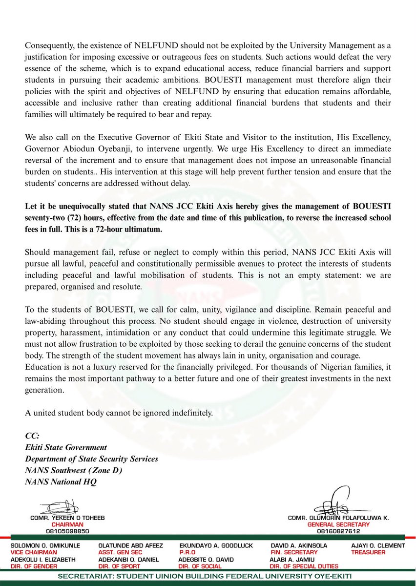 Egalitarianoff1's tweet photo. NANS REJECTS BOUESTI SCHOOL FEES INCREMENT, DEMANDS TOTAL REVERSAL, ISSUES 72-HOUR ULTIMATUM https://t.co/vCJ0YDvG7t