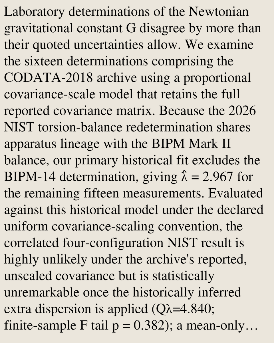 RelativityPaper's tweet photo. Covariance scaling and a dual-mode torque diagnostic in measurements of the gravitational constant

Vineet Kumar
https://t.co/h4AifM0VhK [𝚐𝚛-𝚚𝚌 𝚙𝚑𝚢𝚜𝚒𝚌𝚜.𝚍𝚊𝚝𝚊-𝚊𝚗 𝚙𝚑𝚢𝚜𝚒𝚌𝚜.𝚒𝚗𝚜-𝚍𝚎𝚝]
💬Code: https://t.co/FvFN4GCq5V https://t.co/SJHoH4Tozb