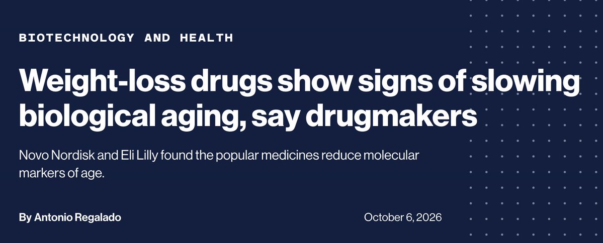 himshouse's tweet photo. 🚨 BREAKING: NOVO NORDISK AND ELI LILLY BOTH FIND THAT GLP-1s REDUCE BIOLOGICAL AGING CLOCK BY "TWO TO THREE YEARS" 

- MIT TECHNOLOGY REVIEW

$HIMS $LLY $NVO https://t.co/aj13ndxtRp