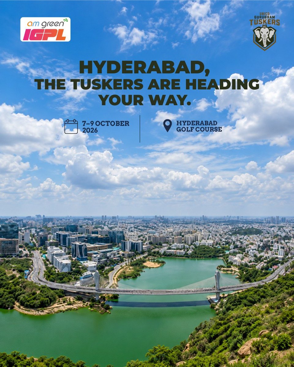 gurugramtuskers's tweet photo. Hyderabad, the Tuskers are heading your way.
The AM Green IGPL heads to Hyderabad Golf Course, Oct 7–9, hosted by Krishna Punjab Raptors GC.
Three days of tournament golf. 
The Tuskers are ready.
@punjabraptorsgc 
#AMGreenIGPL #UNICOGurugramTuskers #Golf https://t.co/rKtGelRLSw
