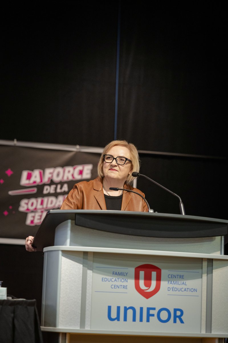 UniforTheUnion's tweet photo. "Our members deserve a union that never backs down, never settles for less, and never forgets who they’re fighting for,"  Unifor National President @lanampayne addressed Women’s Conference delegates reminding us of the power of strong union and collective action. #UniforWomen #canfem #canlab
